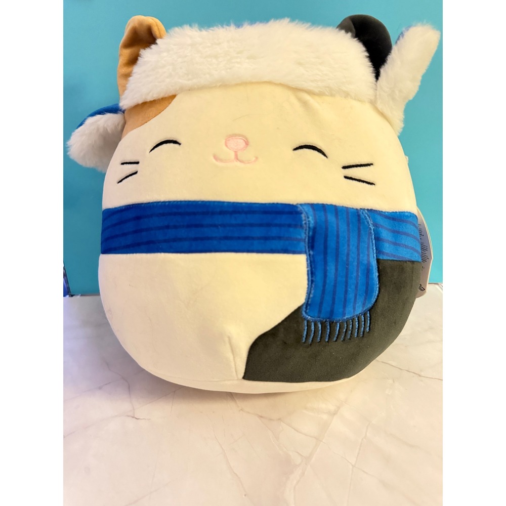 Squishmallows Cam the Cat 10" White Winter Trapper Hat Scarf Plush NWT